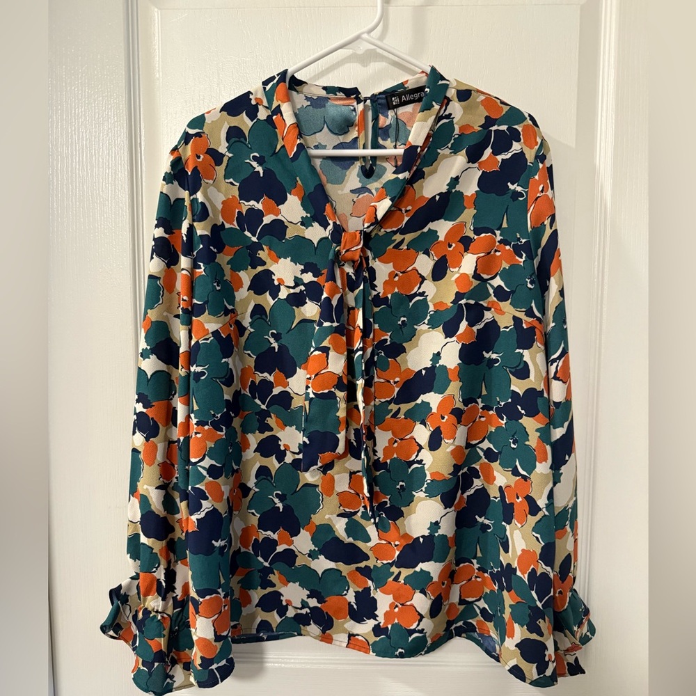 Allegra K Blue and Orange Tie Front Blouse with Mandarin Collar